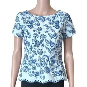 Talbots Embroidered Floral Peplum Top 4P Blue White Short Sleeve Scalloped Edges